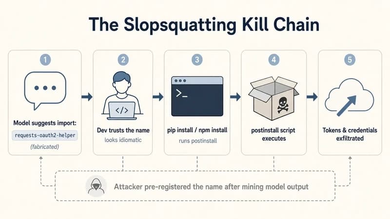 Five-stage flow diagram of the slopsquatting kill chain: a model suggests the fabricated import requests-oauth2-helper, the developer trusts the idiomatic name, pip or npm install runs postinstall, the postinstall script executes, and tokens and credentials are exfiltrated to the attacker.