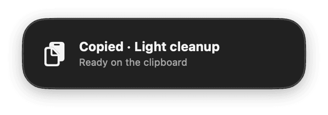 Billie Flow's HUD reads Copied, Light cleanup, and Ready on the clipboard beside a document icon.