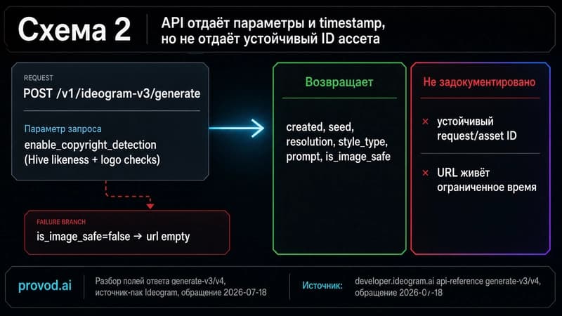 Маршрут запрос-ответ Ideogram API: возвращаемые поля created, seed, resolution, prompt, is_image_safe и отсутствие устойчивого идентификатора ассета.