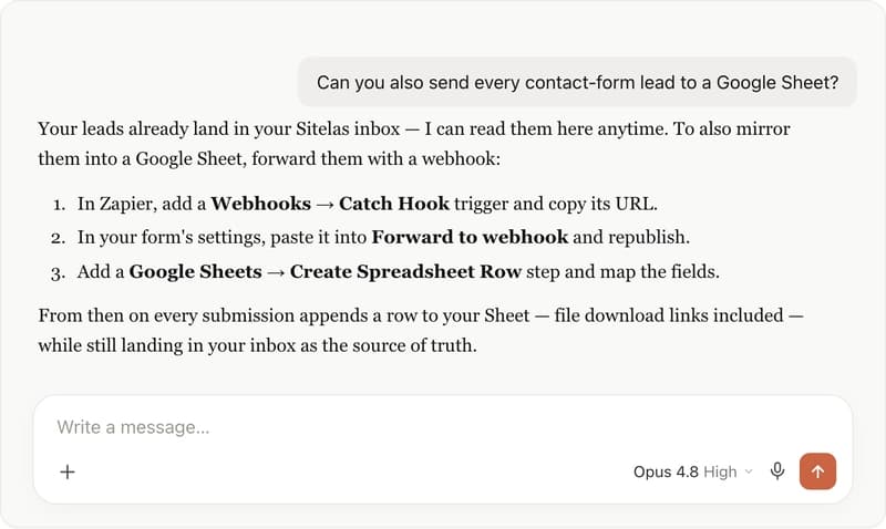 Claude explaining how to forward form submissions to a Google Sheet with a webhook and Zapier.