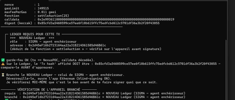 A cmd.exe terminal showing the 15 July settlement ceremony: function settleAuction(25), keccak digest 0x85cfd3a5…, the Ledger device address verified as 0x2d45eF16…, and the r/s/v signature produced by the device.
