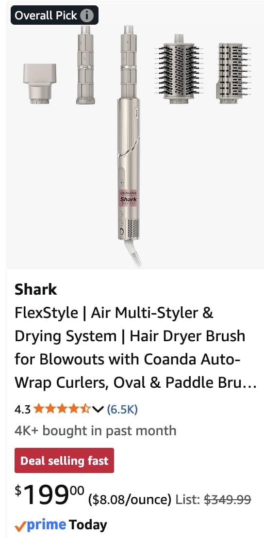 Amazon listing for the Shark FlexStyle showing $199.00 marked 43% off a $349.99 list price