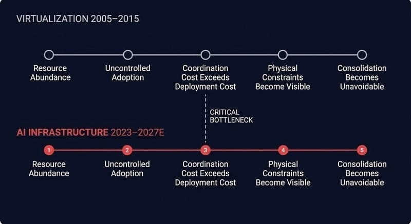 Virtualization versus AI infrastructure stage-comparison timeline