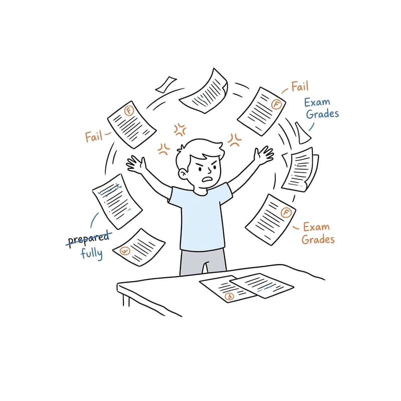 A boy frustrated, throwing exam papers in the air in a room