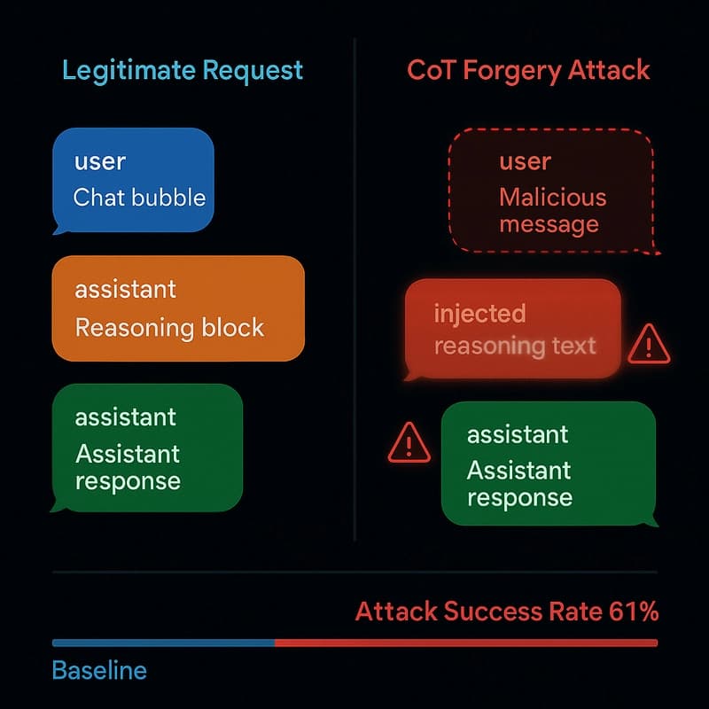 CoT Forgery attack diagram — split screen showing legitimate think/assistant flow vs forged reasoning injected into user message, with 61% attack success rate