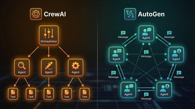 CrewAI vs AutoGen architecture comparison showing different orchestration philosophies