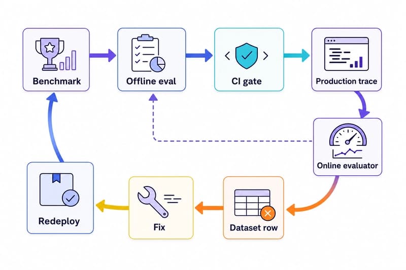Lifecycle loop showing benchmarks, offline evals, production traces, online evaluators, dataset rows, fixes, and redeploys.