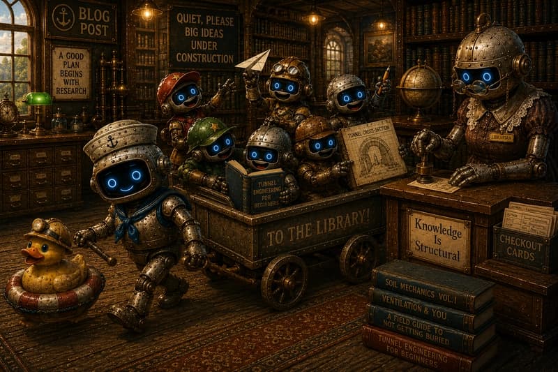 Image Steampunk robots visit a library to research tunnel engineering before digging. A librarian stamps checkout cards while the robots gather books, plans, and notes, illustrating the idea that good engineering starts with research and structured knowledge before execution.