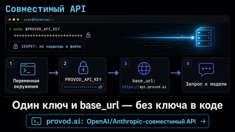 Диаграмма потока авторизации: переменная окружения, ключ, base_url совместимого API, запрос к модели
