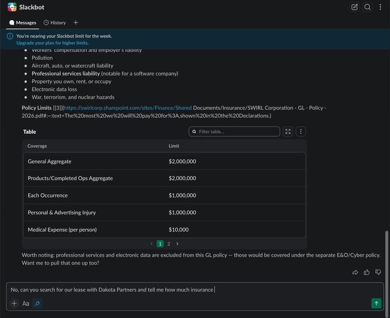 The bot listing SWIRL's MCP tools in Slack