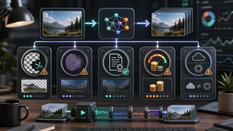 Image generation pipeline limitations dashboard showing alpha export, provenance, licensing, credits, and hosting constraints