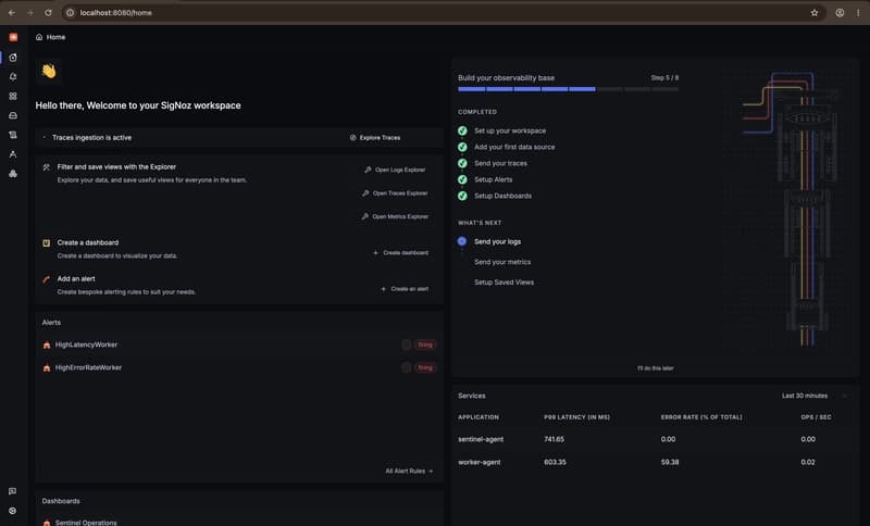 SigNoz home page showing traces ingestion is active