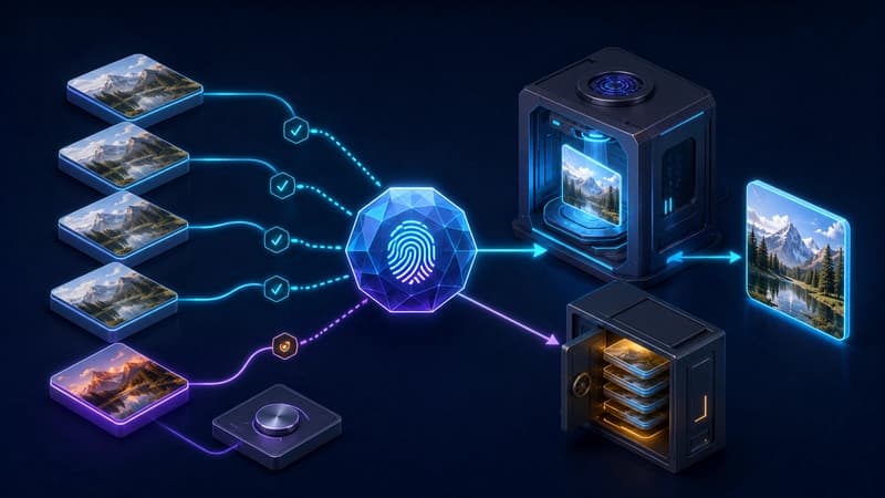 Content hashing routes duplicate images to cache while new inputs are sent to the AI upscaling worker.