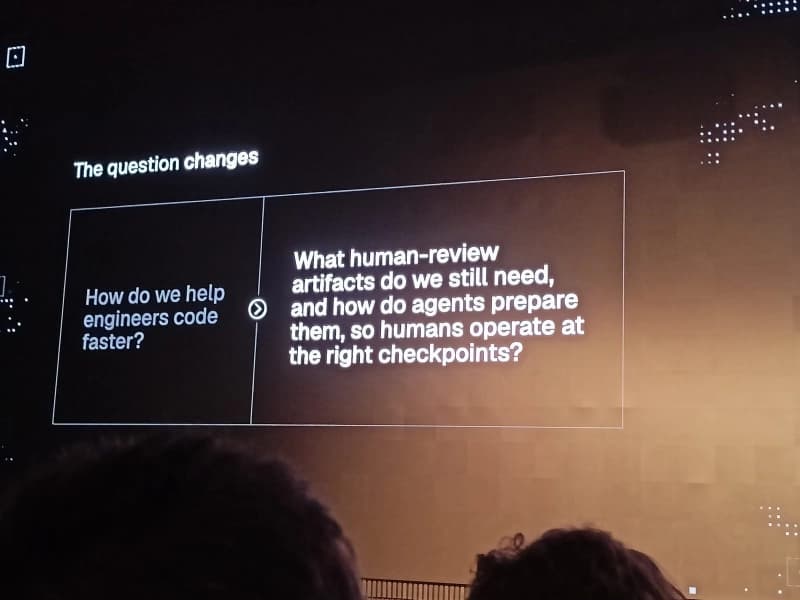 Conference slide: the question shifts from 'how do we help engineers code faster' to 'what human-review artifacts do we still need so humans operate at the right checkpoints'.