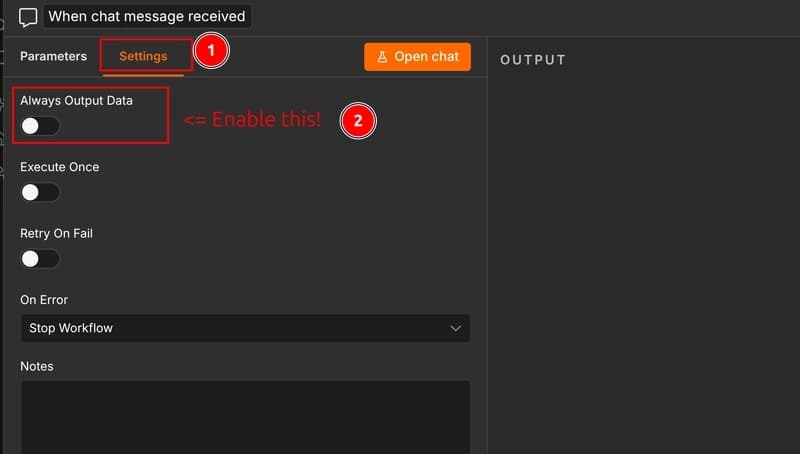 Enable output of the on chat message node