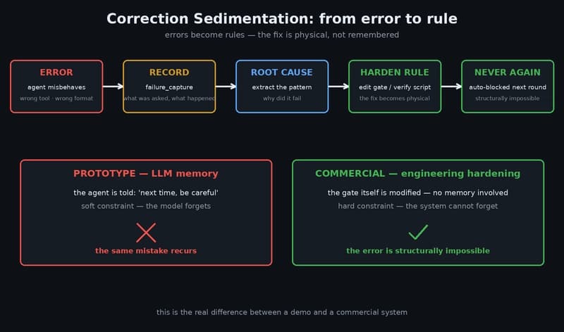 Correction sedimentation: error → record → root cause → harden the rule → never again, versus a prototype that relies on the LLM's memory