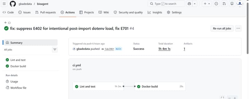 The BioAgent test suite passing in CI