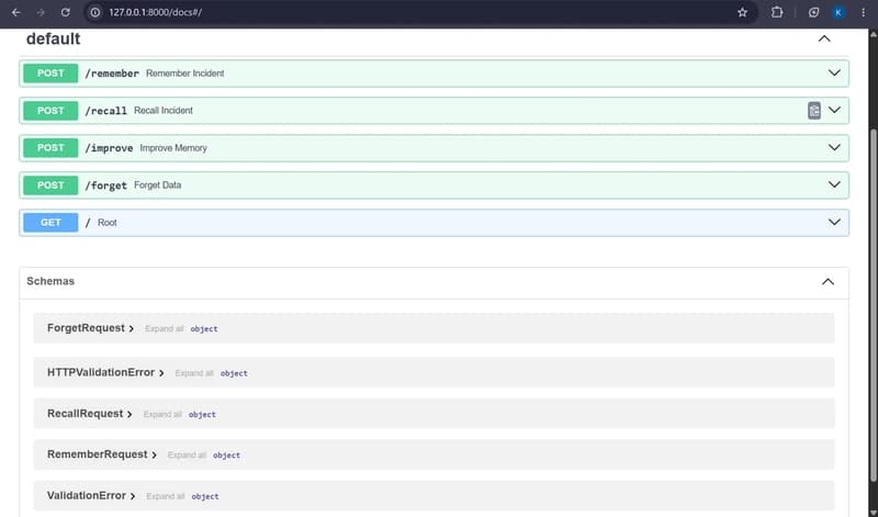FastAPI docs page showing four Cognee memory endpoints