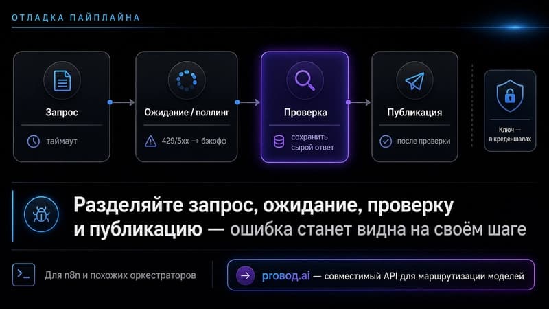 Карта отладки пайплайна генерации: запрос, ожидание, проверка, публикация