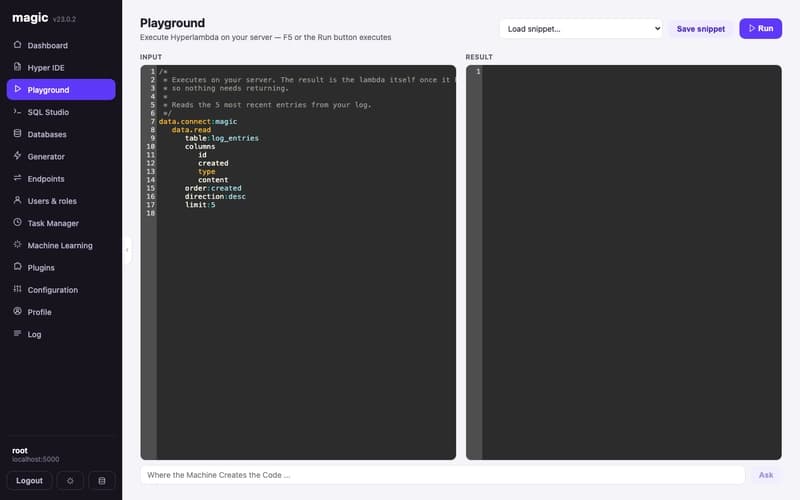 The Hyperlambda Playground with a data.read example and its result pane