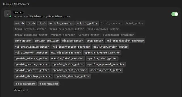 another screenshot of the same MCP client, zooming in on a single server’s tools, showing they can be enabled or disabled in a fine grained manner
