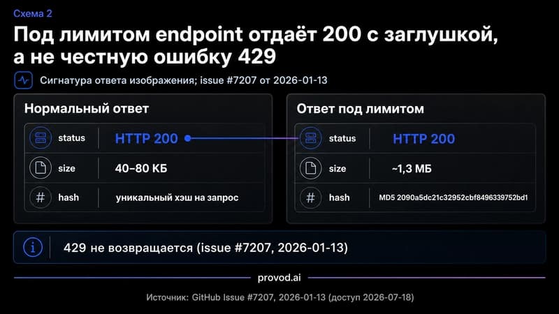 Сравнение нормального ответа и ответа под лимитом: одинаковый HTTP 200, но заглушка весит 1,3 МБ с постоянным MD5