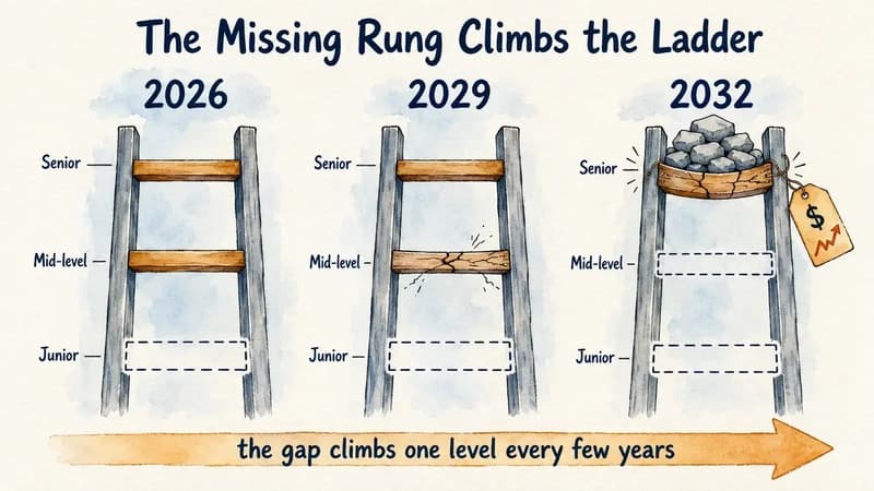 Timeline diagram of three career ladders labeled 2026, 2029, and 2032, each missing one more lower rung: first Junior, then a cracking Mid-level, until only an overloaded Senior rung remains, captioned 'the gap climbs one level every few years'
