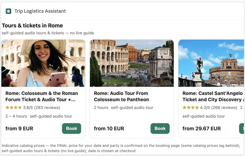 A tours widget rendered inside a Claude conversation: photo cards with ratings, durations, prices and book buttons<br>