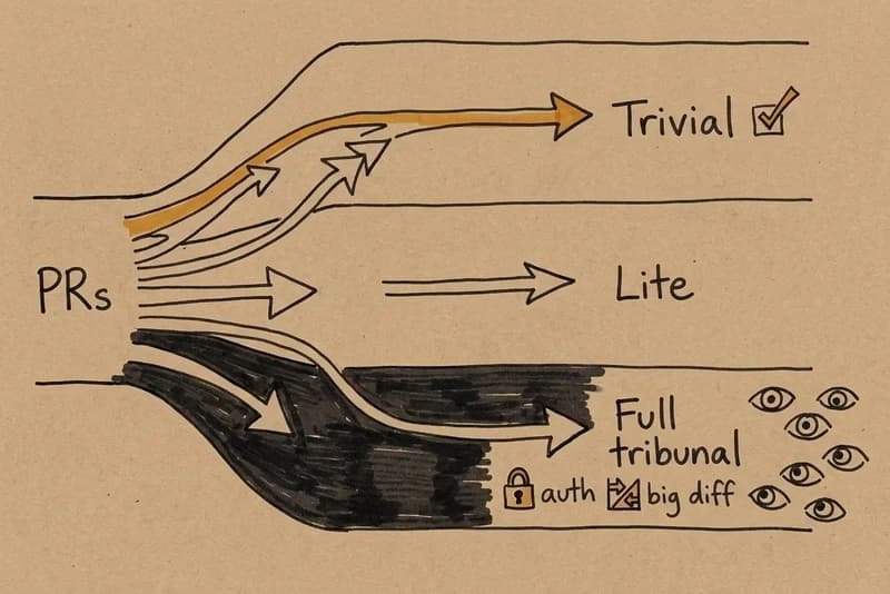 Three-lane funnel sketch routing PRs into Trivial, Lite, and Full tribunal lanes, with senior eyes only on the full lane