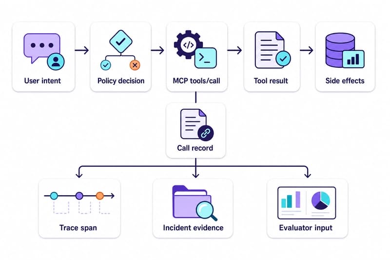 Data-flow diagram showing user intent, policy decision, MCP tool call, side effects, and a signed call record feeding traces and evals.