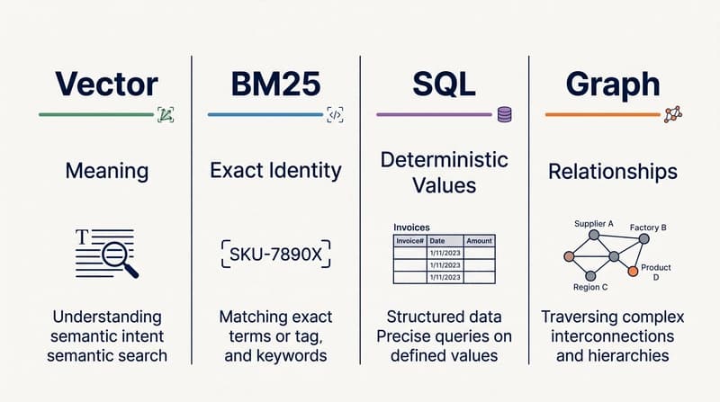 Four-column comparison of retrieval primitives: vector search for meaning, BM25 for exact identity, SQL for deterministic values, and knowledge graphs for relationships