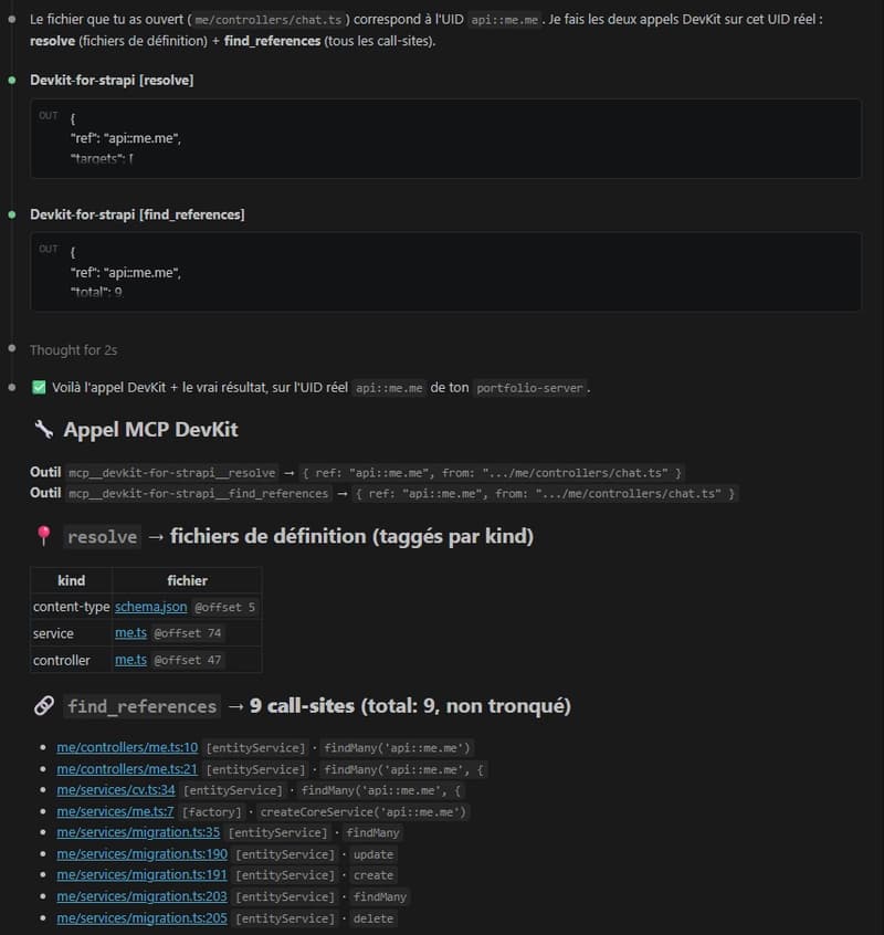 An AI agent querying the project's real values through the bundled DevKit MCP server