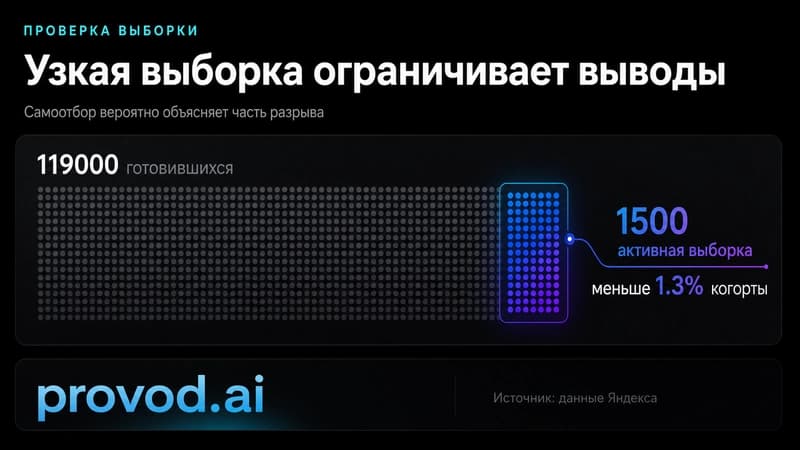 Дот-плот соотношения выборок: 119000 готовившихся против активной выборки 1500 человек, меньше 1.3 процента когорты