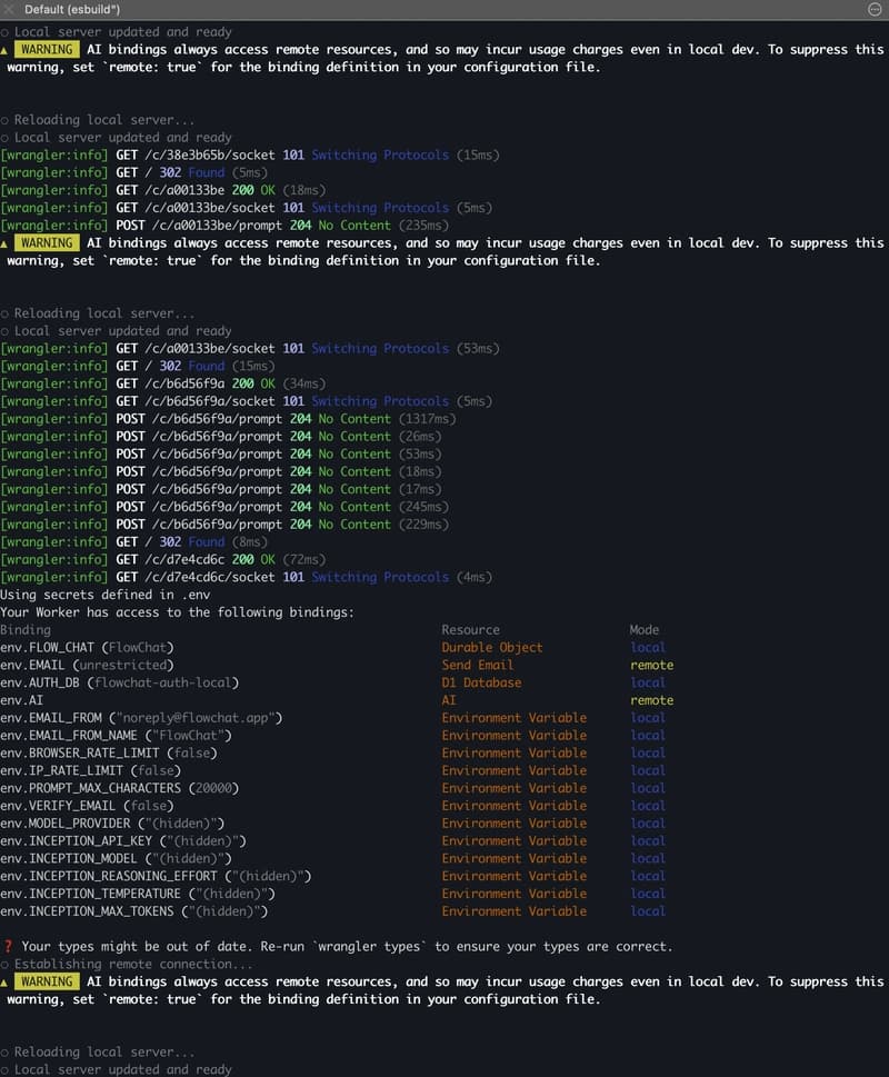 Wrangler terminal showing bindings after deploy