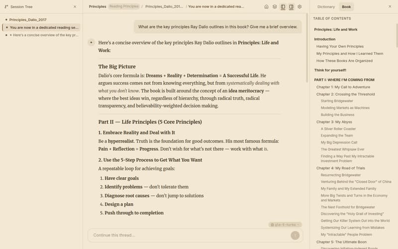 Book reading session — tree navigation, AI response, chapter TOC