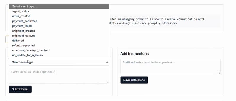 Order Supervisor event menu showing available order lifecycle events