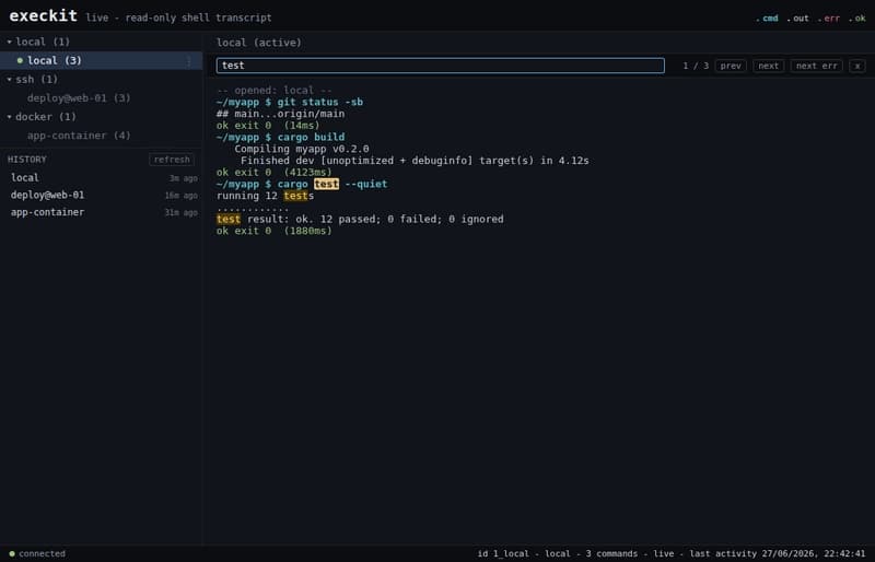 execkit's viewer with the in-transcript search open: the word