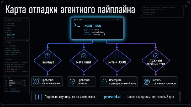 Карта отладки: узлы «таймаут», «rate limit», «битый JSON», «ложный зелёный тест», стрелки к их причинам и проверкам