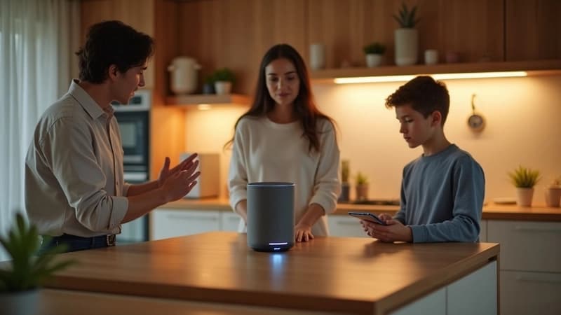 Diagram comparing rule-based Google Assistant pipeline versus Gemini LLM command processing in smart speaker