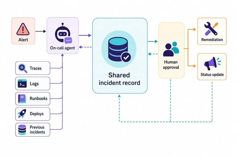 Architecture diagram showing an alert flowing into an on-call agent that reads operational evidence and writes a shared incident record for human approval.