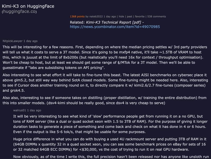 Hacker News thread discussing Kimi K3 on HuggingFace — community debating the practical implications of 1.56TB open weights