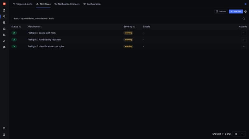 Three configured Preflight warning alerts