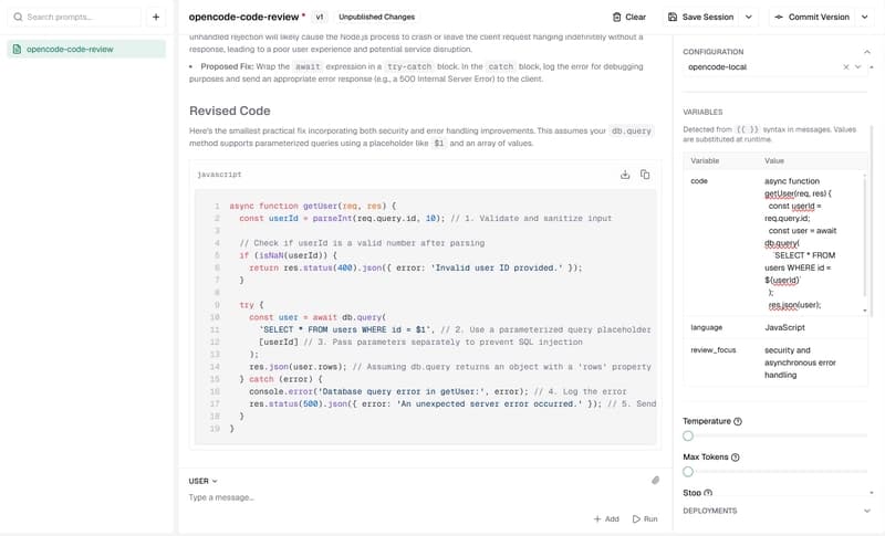 The Bifrost prompt playground running a code review prompt, with code, language and review_focus variables filled in on the right