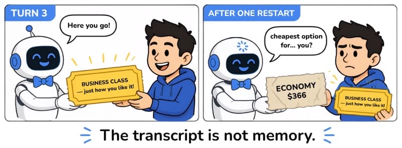 Cartoon: an AI assistant offers a personalized business-class ticket, then after one restart offers the same user the cheapest economy fare — the transcript is not memory