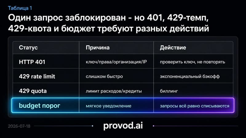 Таблица: 401, 429 по темпу, 429 по квоте и мягкий бюджетный порог с разными действиями