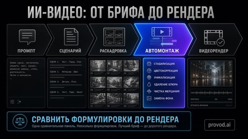Процессная схема из пяти этапов производства ИИ-видео с выделенным этапом автомонтажа