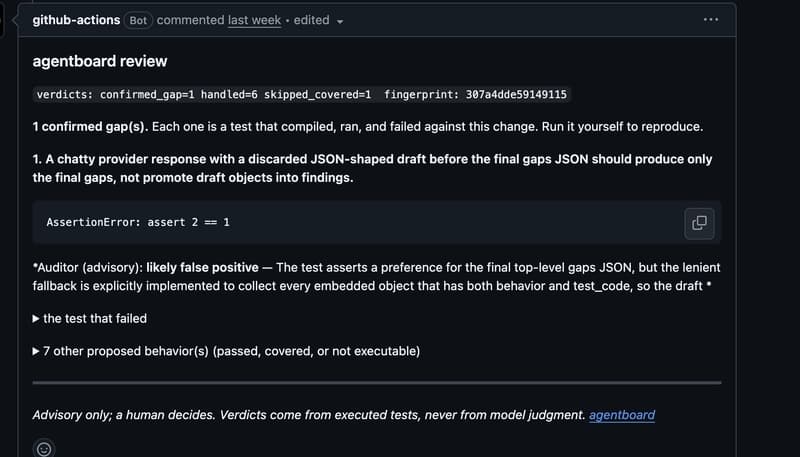 edgeverdict's automated PR comment: a confirmed failing test, flagged as advisory for human judgment