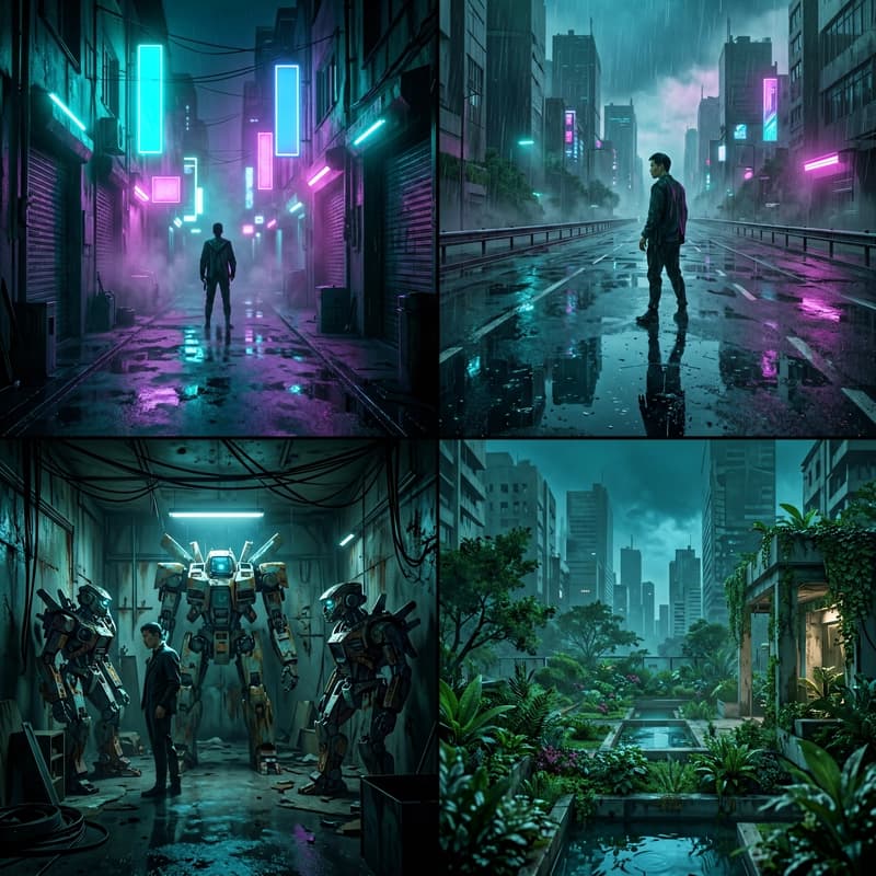Four cyberpunk wallpaper scenes sharing identical color palette and lighting