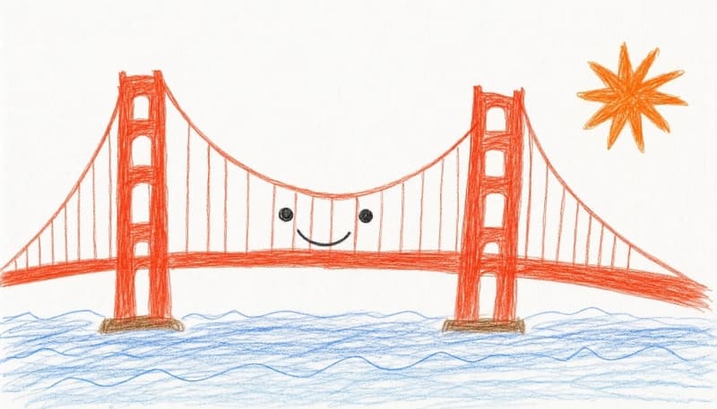 A child's colored-pencil drawing of the Golden Gate Bridge with a smiling face on it, next to an orange starburst standing in for the Claude logo