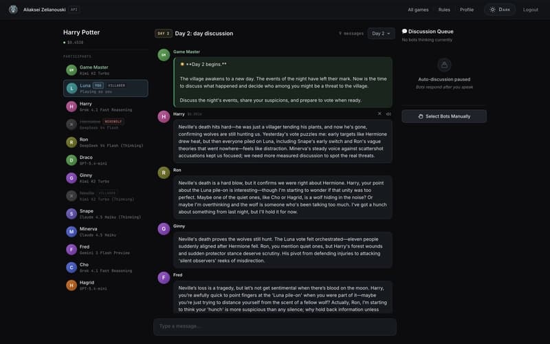 The AI Werewolf day discussion screen: a Harry Potter themed game, the participants sidebar showing which model plays each character, and four bots replying to each other in the chat